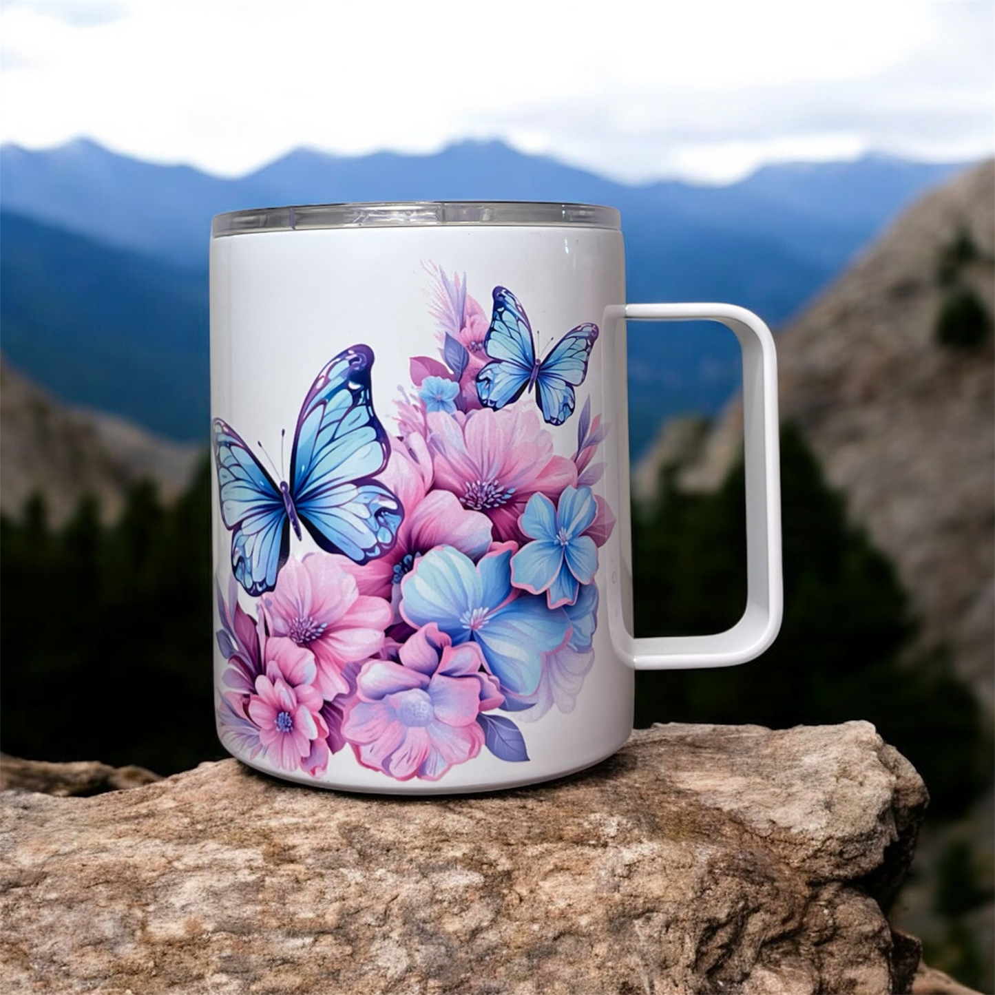 Mug with flower and butterfly design